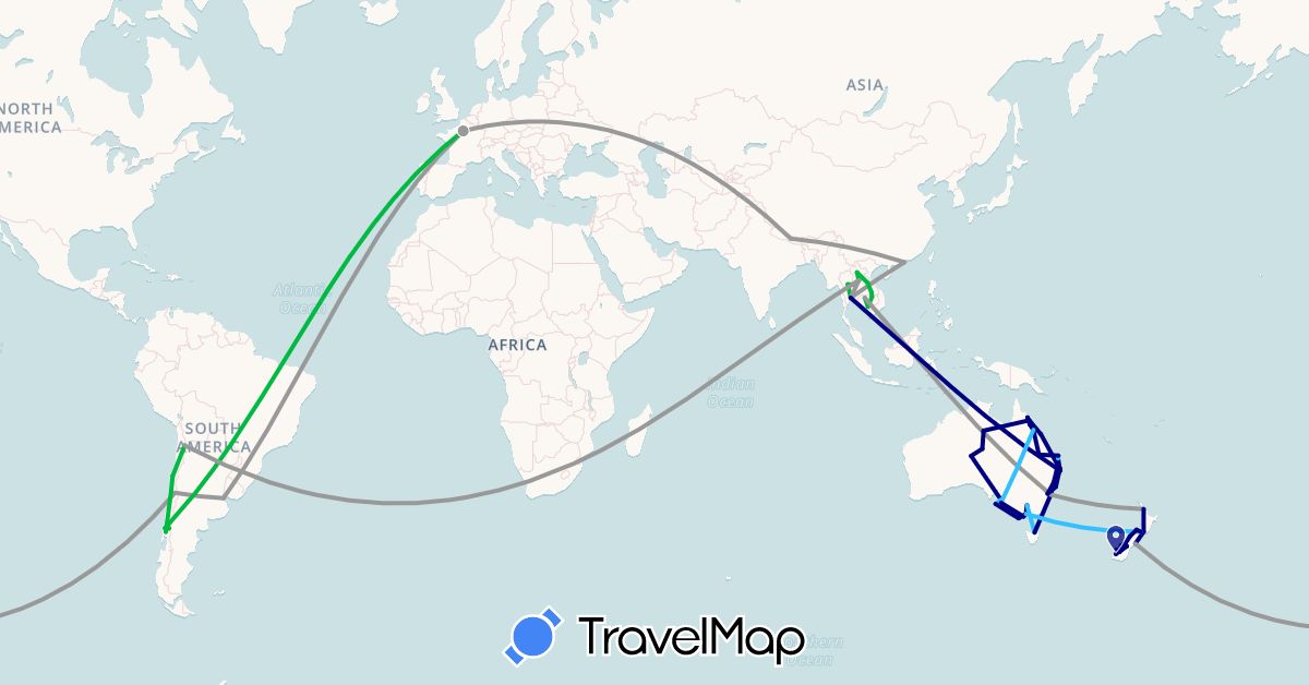 TravelMap itinerary: driving, bus, plane, boat in Argentina, Australia, Chile, France, Hong Kong, Cambodia, Laos, Nepal, New Zealand, Thailand (Asia, Europe, Oceania, South America)